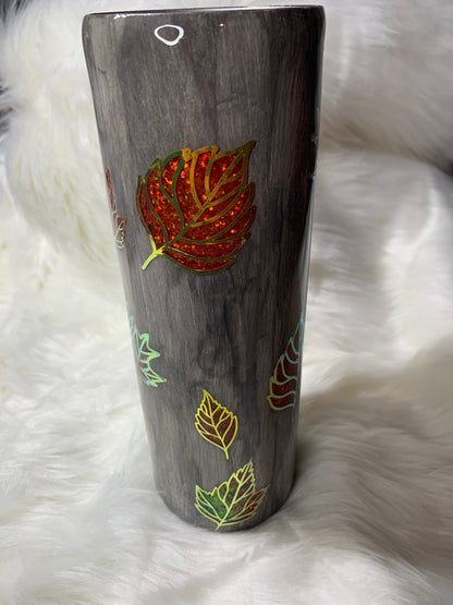 30oz Weathered Wood Grain Glitter Fall Leaves Peek A Boo