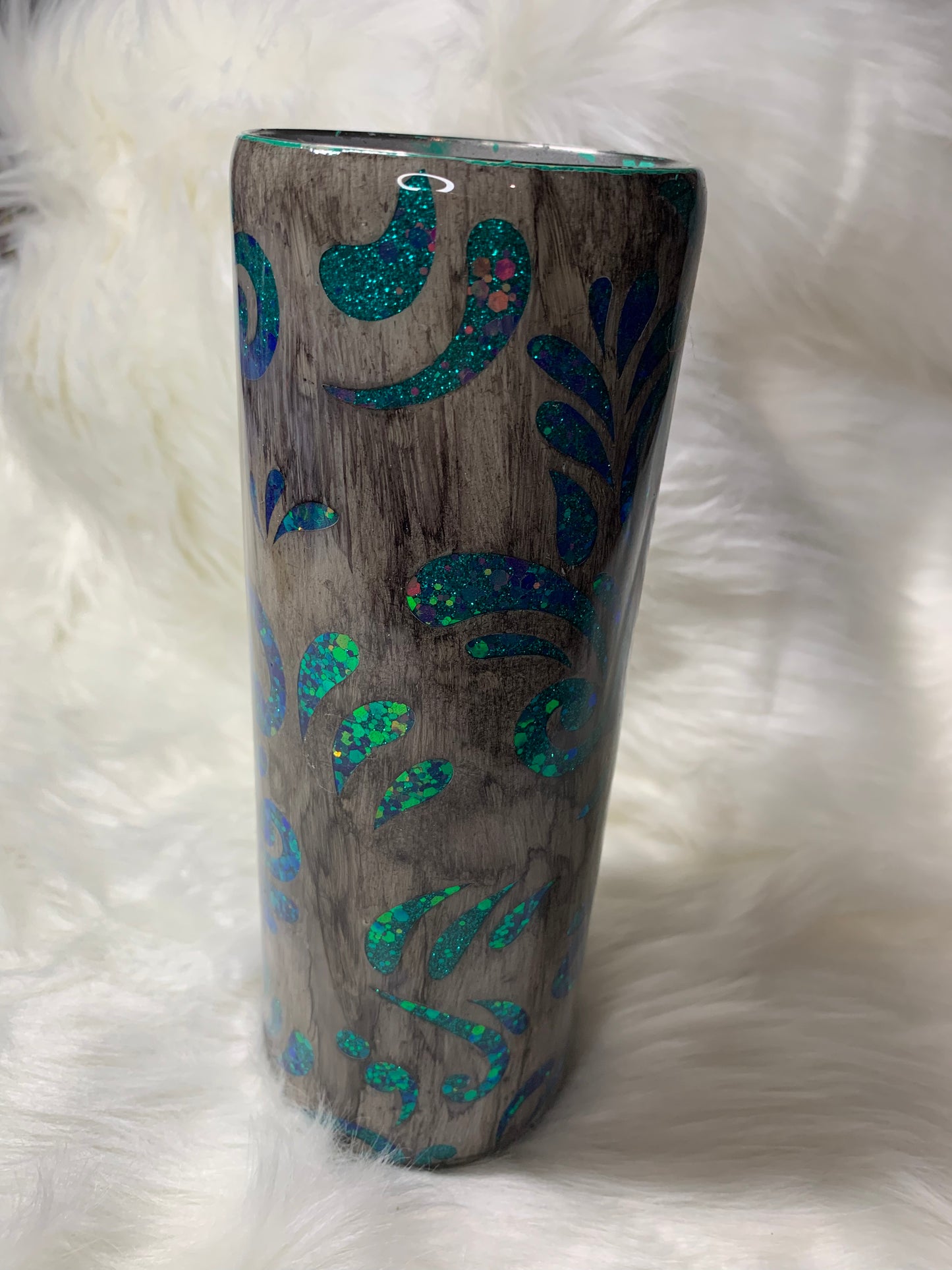 20oz Skinny Tumbler Teal Peek A Boo Tooled Leather with Wood Grain