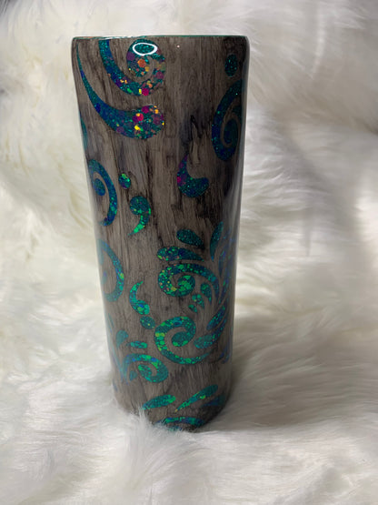 20oz Skinny Tumbler Teal Peek A Boo Tooled Leather with Wood Grain