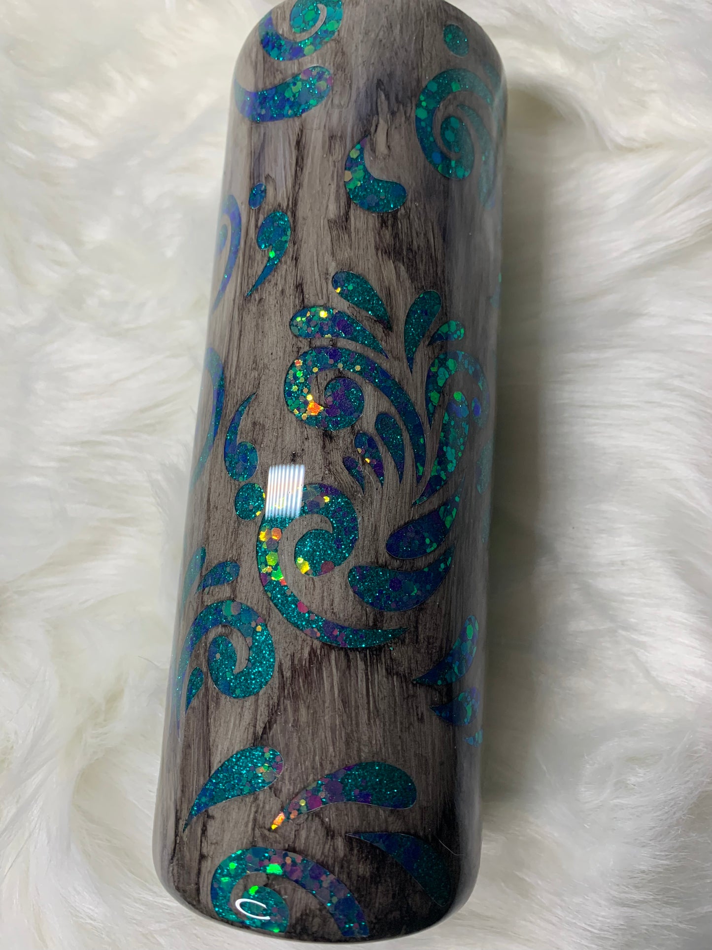 20oz Skinny Tumbler Teal Peek A Boo Tooled Leather with Wood Grain