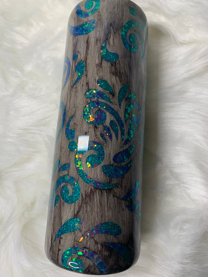 20oz Skinny Tumbler Teal Peek A Boo Tooled Leather with Wood Grain