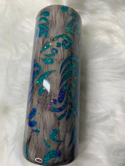 20oz Skinny Tumbler Teal Peek A Boo Tooled Leather with Wood Grain