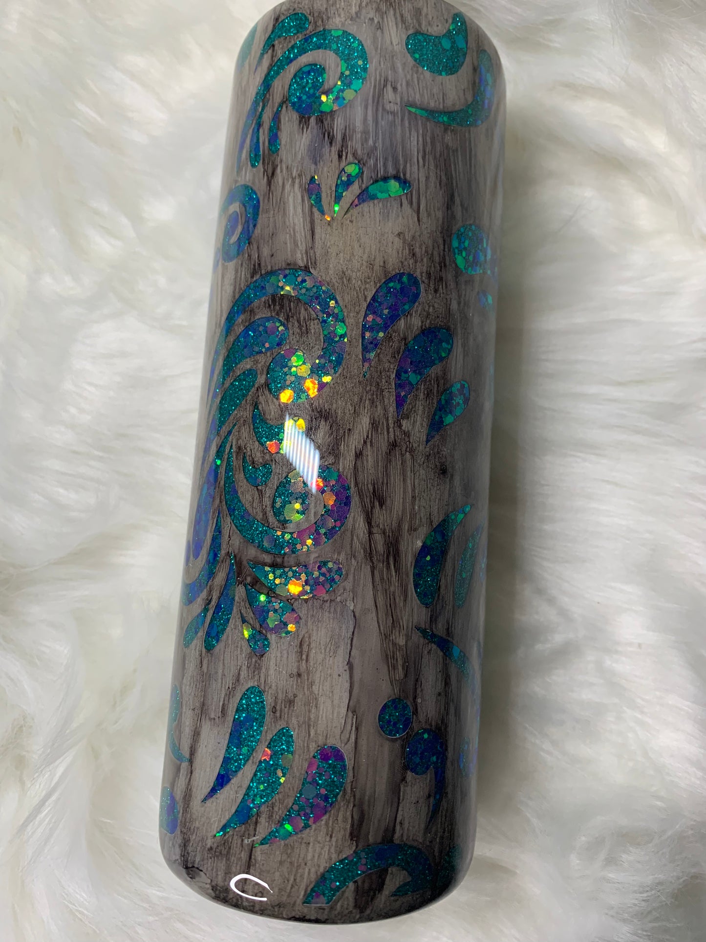 20oz Skinny Tumbler Teal Peek A Boo Tooled Leather with Wood Grain