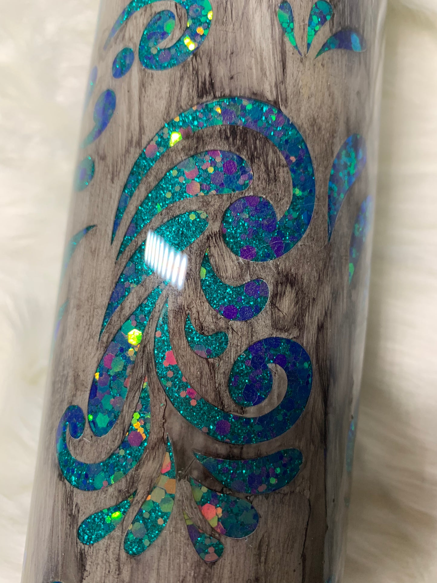 20oz Skinny Tumbler Teal Peek A Boo Tooled Leather with Wood Grain