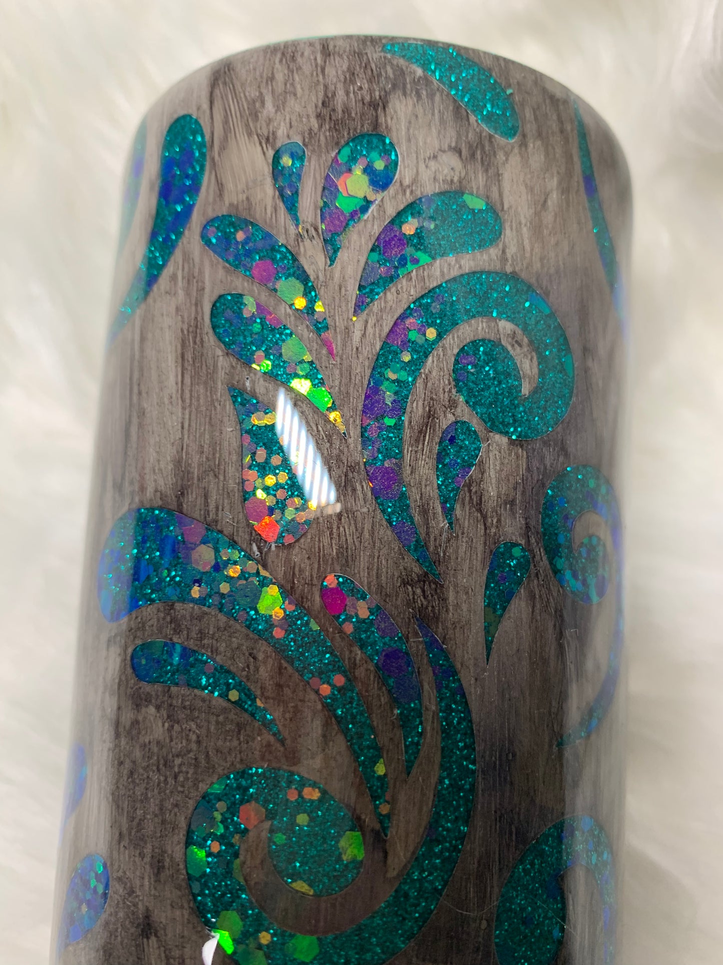 20oz Skinny Tumbler Teal Peek A Boo Tooled Leather with Wood Grain