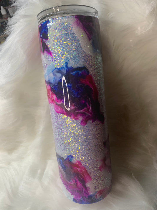 30 oz Skinny Straight Hogg tumbler with glitter base and alcohol swirl and Glow