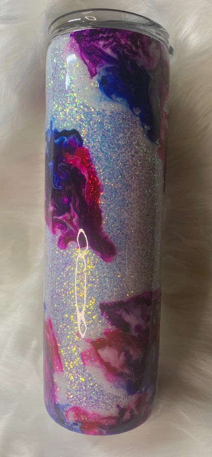 30 oz Skinny Straight Hogg tumbler with glitter base and alcohol swirl and Glow