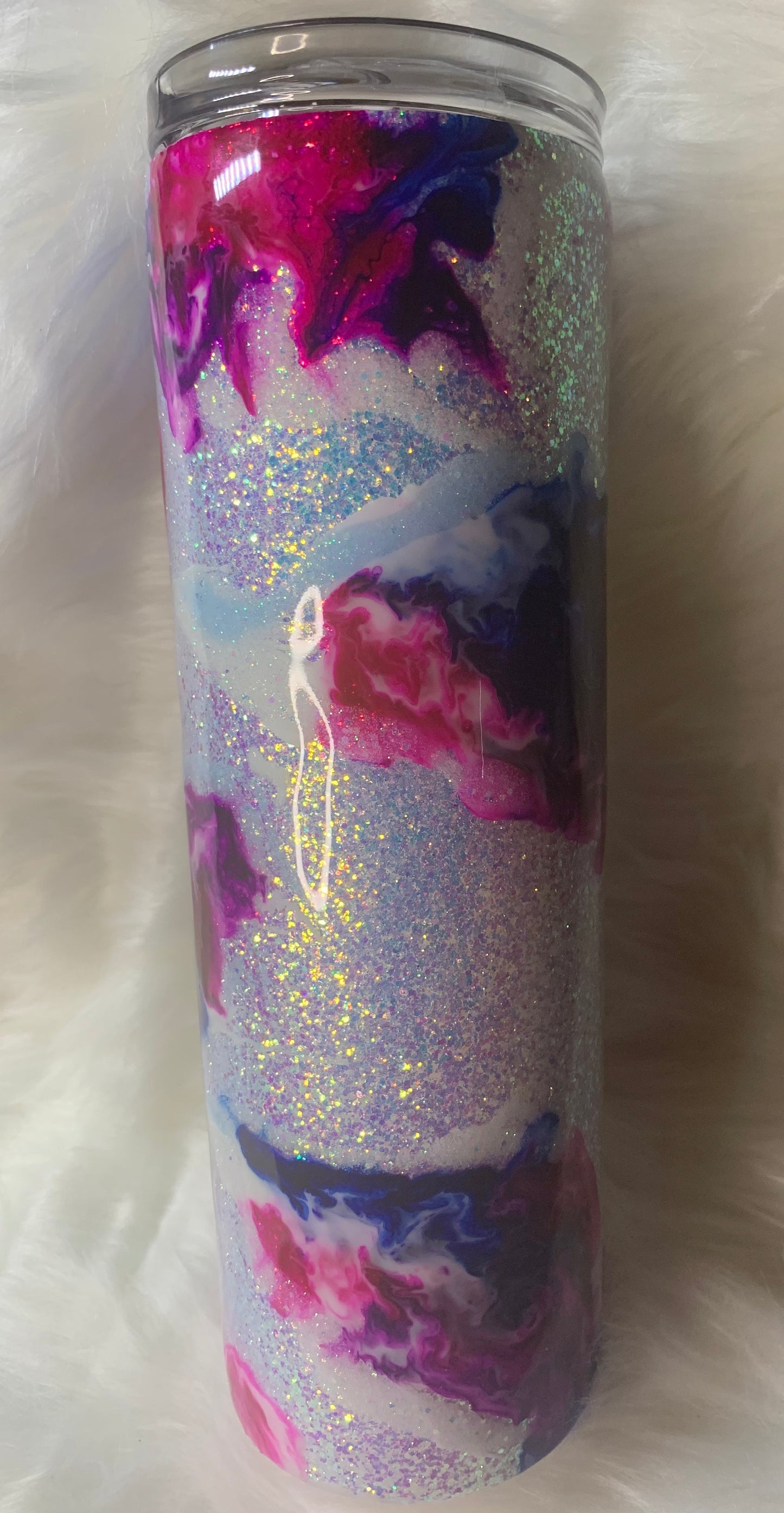 30 oz Skinny Straight Hogg tumbler with glitter base and alcohol swirl and Glow