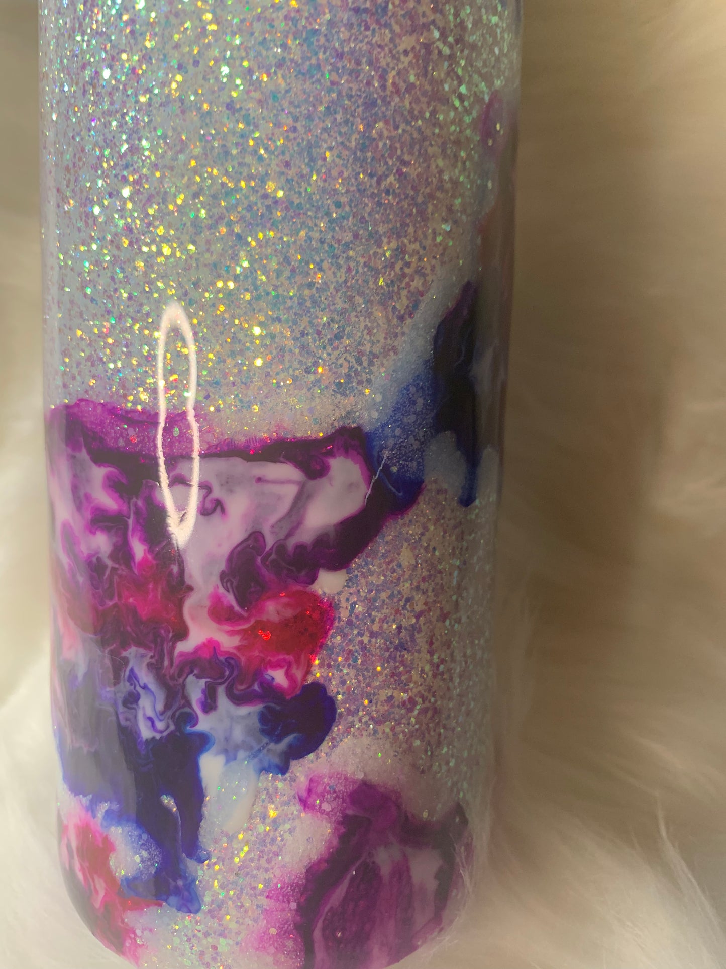 30 oz Skinny Straight Hogg tumbler with glitter base and alcohol swirl and Glow