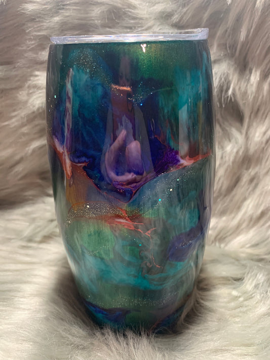 25oz Stemless Wine Tumbler with alcohol ink swirl and glow