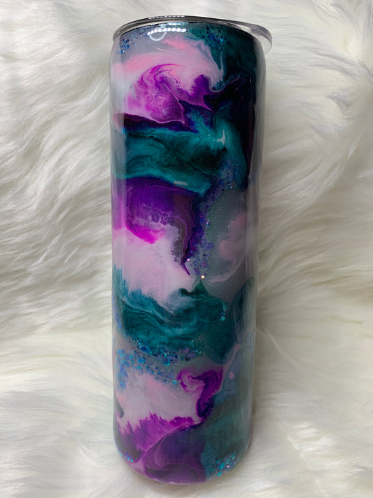 20 oz skinny straight tumbler teal purple pink alcohol ink swirl with glow