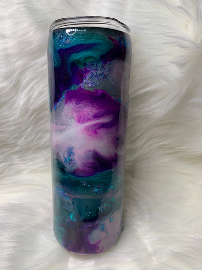 20 oz skinny straight tumbler teal purple pink alcohol ink swirl with glow