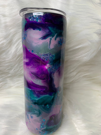 20 oz skinny straight tumbler teal purple pink alcohol ink swirl with glow