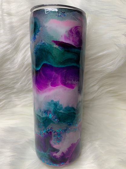 20 oz skinny straight tumbler teal purple pink alcohol ink swirl with glow