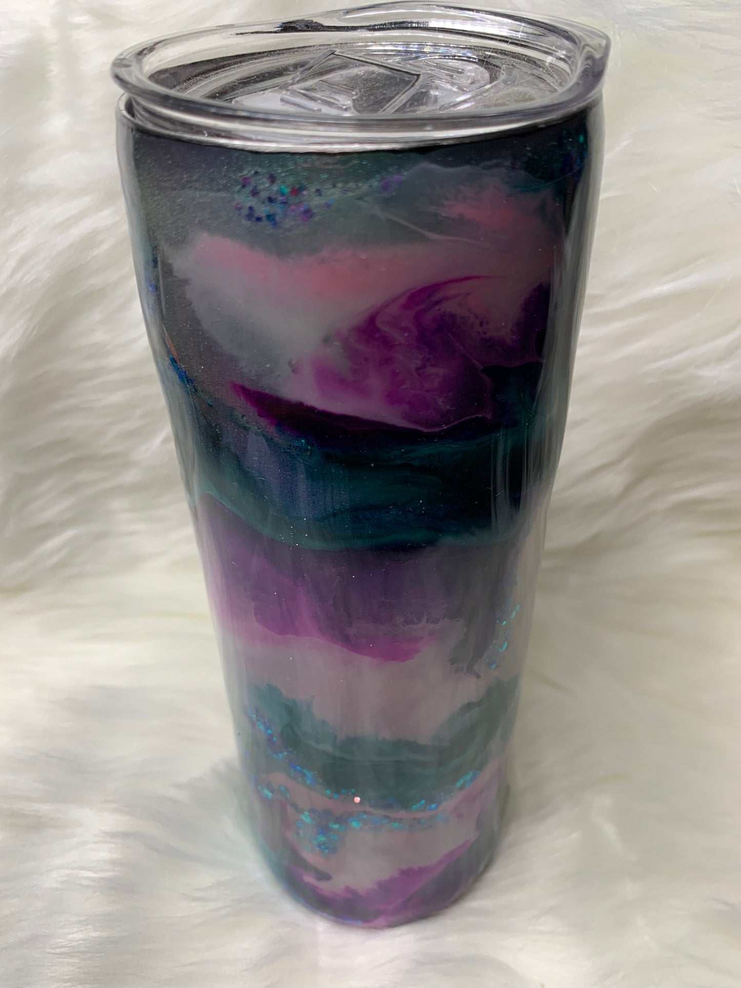 20 oz skinny straight tumbler teal purple pink alcohol ink swirl with glow