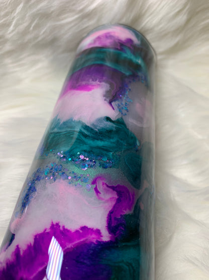 20 oz skinny straight tumbler teal purple pink alcohol ink swirl with glow