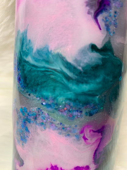 20 oz skinny straight tumbler teal purple pink alcohol ink swirl with glow