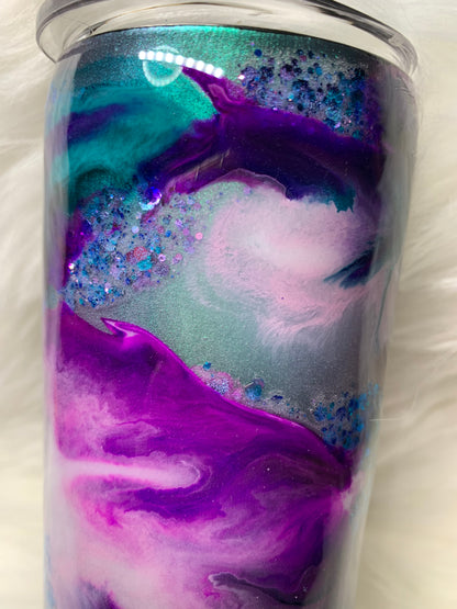 20 oz skinny straight tumbler teal purple pink alcohol ink swirl with glow