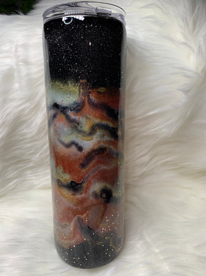 30 oz skinny straight duo with glitter, alcohol ink swirl and glow