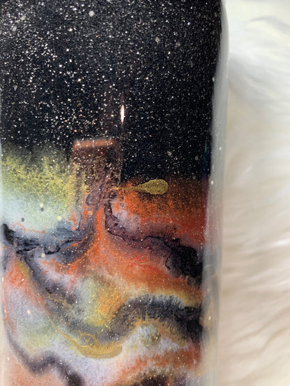 30 oz skinny straight duo with glitter, alcohol ink swirl and glow