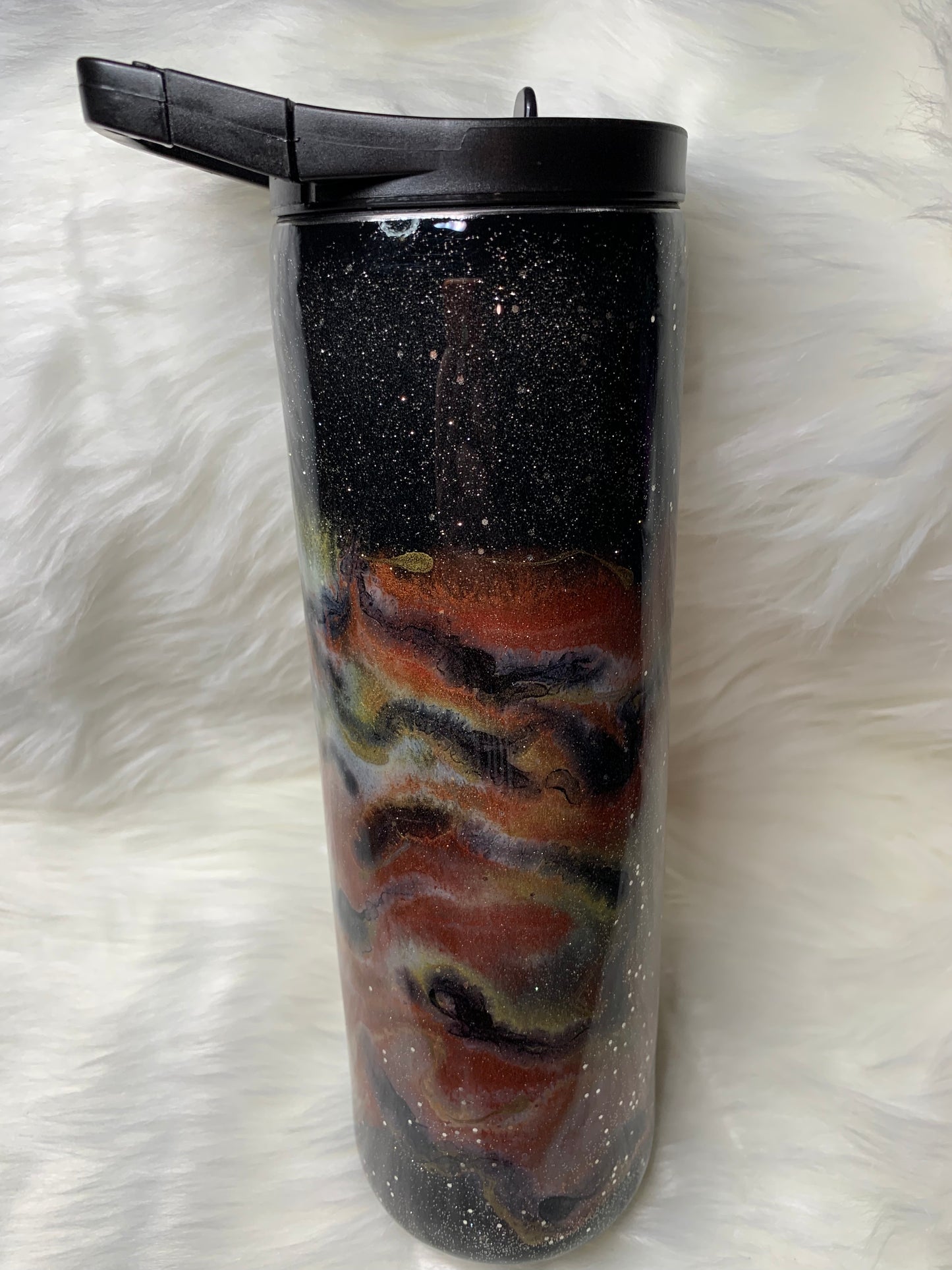 30 oz skinny straight duo with glitter, alcohol ink swirl and glow