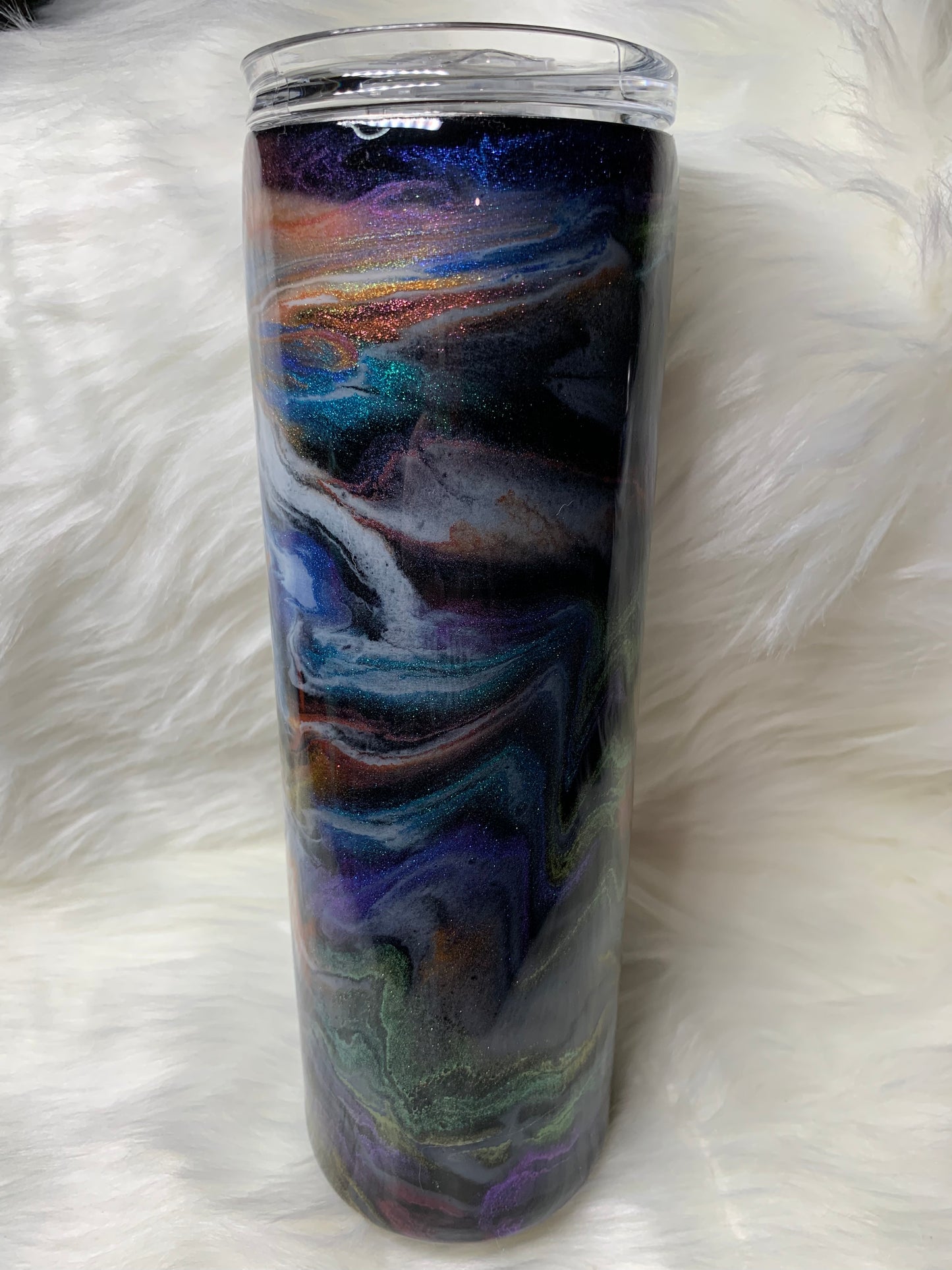 30 oz Skinny Straight with alcohol ink swirl and glow