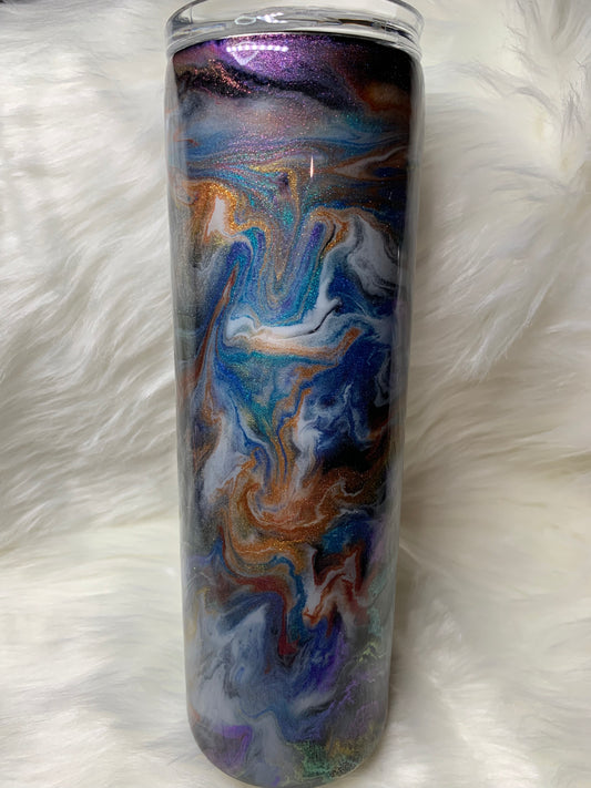 30 oz Skinny Straight with alcohol ink swirl and glow