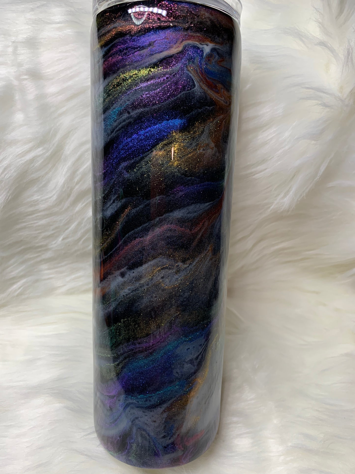 30 oz Skinny Straight with alcohol ink swirl and glow