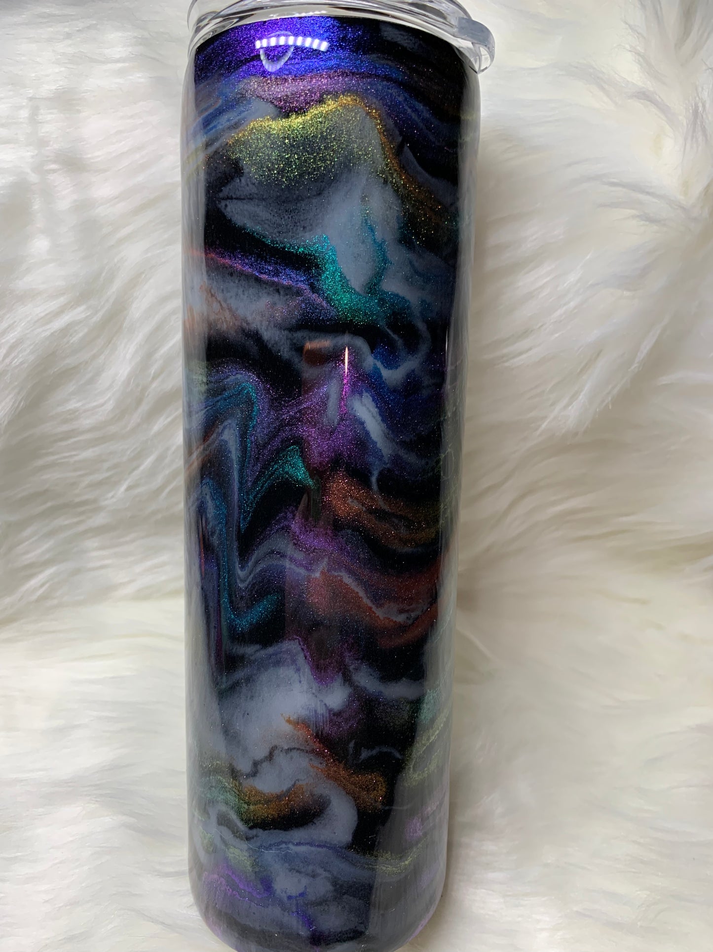 30 oz Skinny Straight with alcohol ink swirl and glow