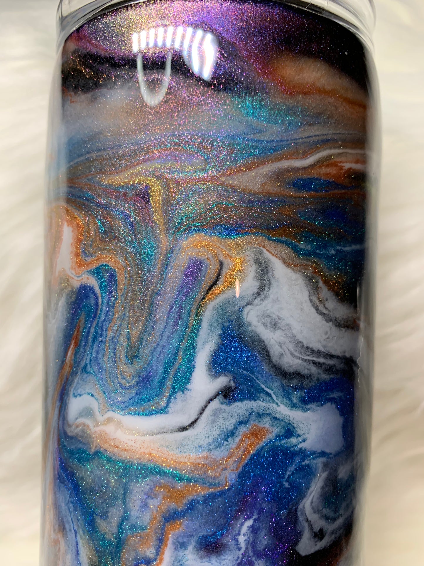 30 oz Skinny Straight with alcohol ink swirl and glow