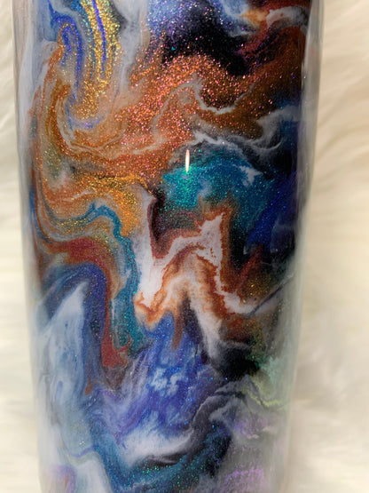 30 oz Skinny Straight with alcohol ink swirl and glow