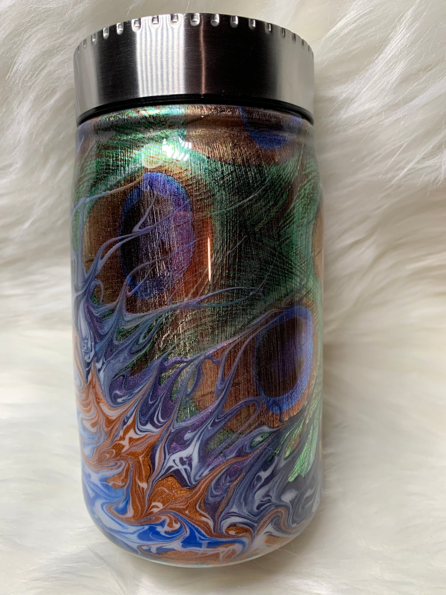 17 oz Mason Jar tumbler with peacock foil bougie stinger and glow