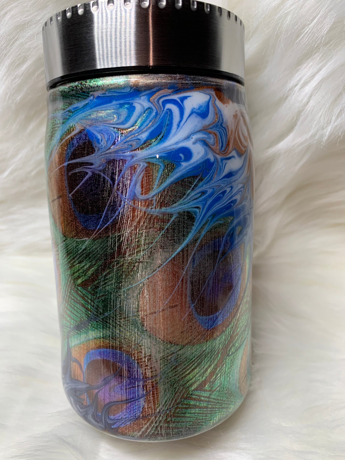 17 oz Mason Jar tumbler with peacock foil bougie stinger and glow