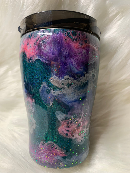 12 oz Modern Curve Teal base with alcohol swirls, glitter and glow