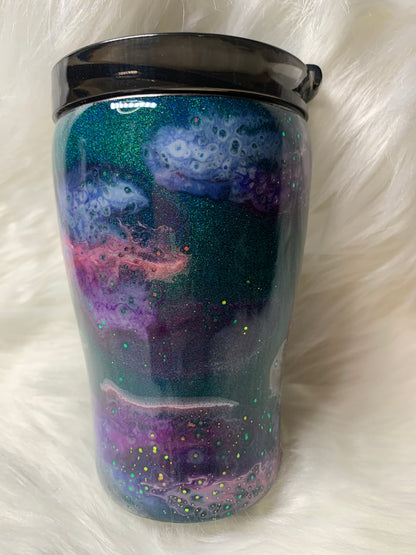 12 oz Modern Curve Teal base with alcohol swirls, glitter and glow