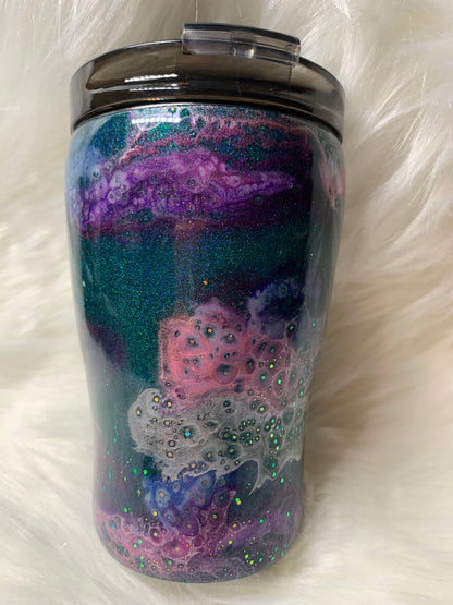 12 oz Modern Curve Teal base with alcohol swirls, glitter and glow