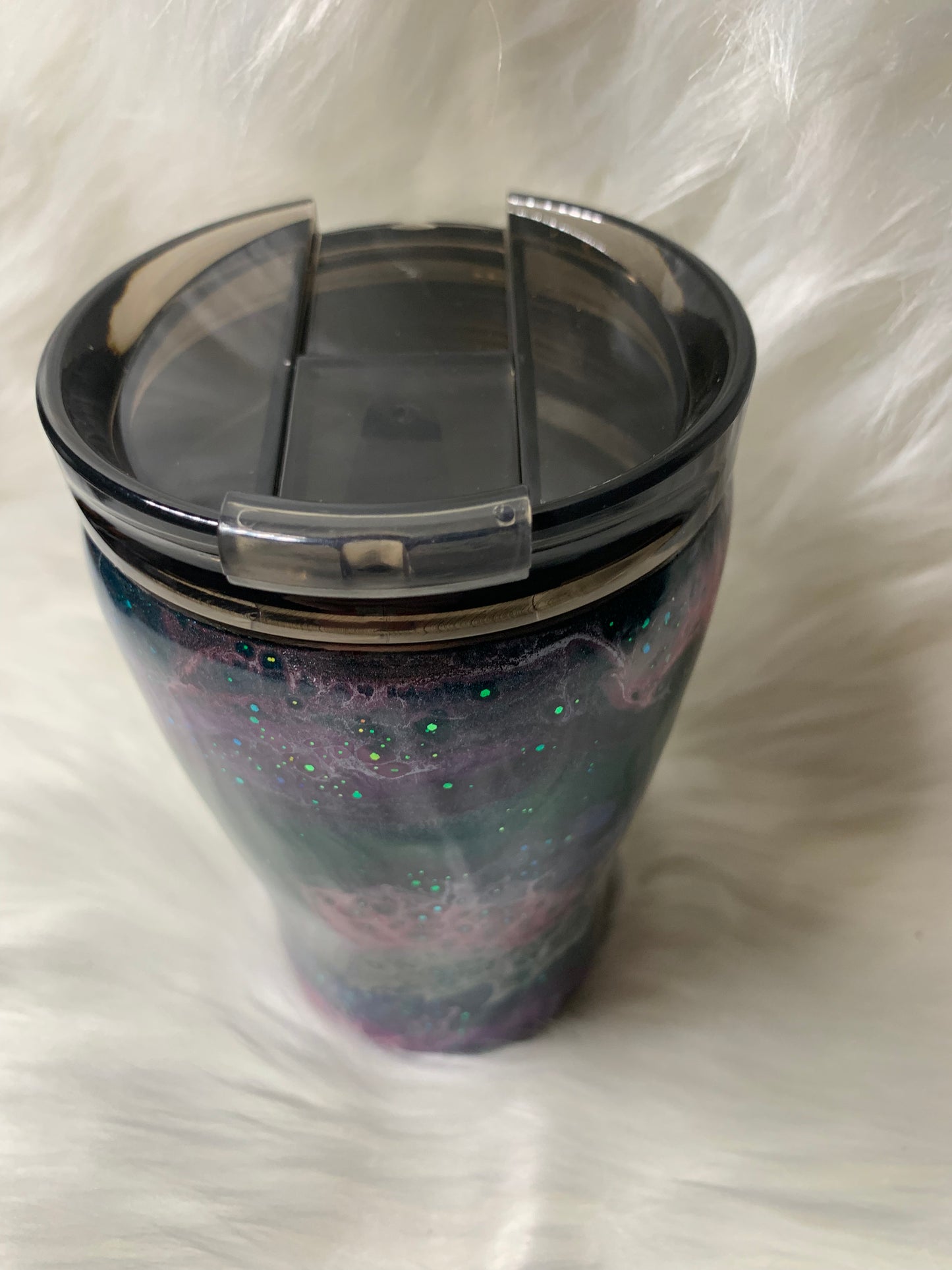 12 oz Modern Curve Teal base with alcohol swirls, glitter and glow