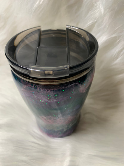 12 oz Modern Curve Teal base with alcohol swirls, glitter and glow