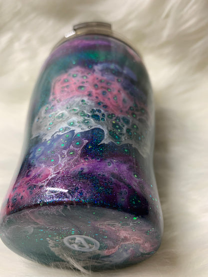 12 oz Modern Curve Teal base with alcohol swirls, glitter and glow