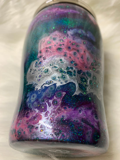 12 oz Modern Curve Teal base with alcohol swirls, glitter and glow