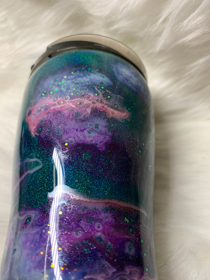 12 oz Modern Curve Teal base with alcohol swirls, glitter and glow