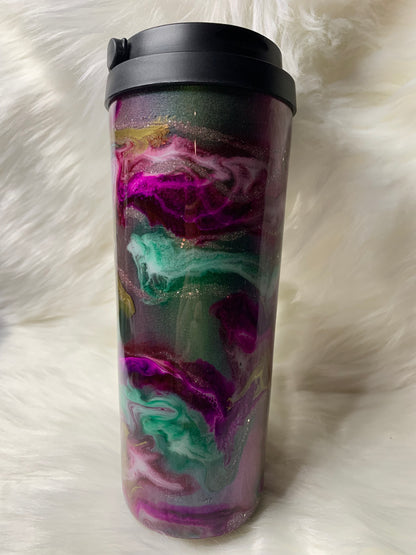 24 oz  Tapered Travel Mug.  Mica base, Alcohol inks swirled with glow