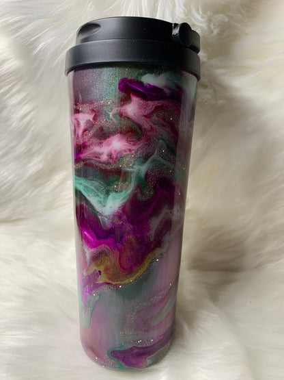 24 oz  Tapered Travel Mug.  Mica base, Alcohol inks swirled with glow