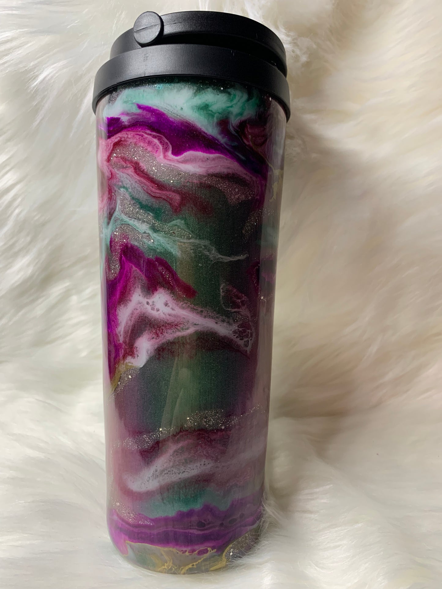 24 oz  Tapered Travel Mug.  Mica base, Alcohol inks swirled with glow