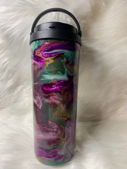 24 oz  Tapered Travel Mug.  Mica base, Alcohol inks swirled with glow