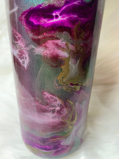 24 oz  Tapered Travel Mug.  Mica base, Alcohol inks swirled with glow