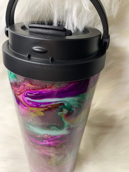 24 oz  Tapered Travel Mug.  Mica base, Alcohol inks swirled with glow