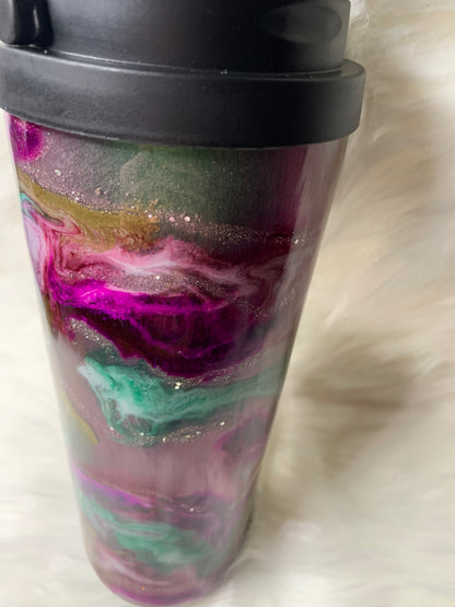 24 oz  Tapered Travel Mug.  Mica base, Alcohol inks swirled with glow