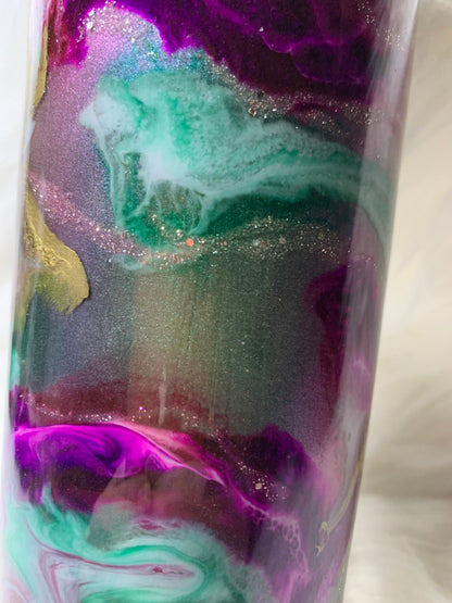 24 oz  Tapered Travel Mug.  Mica base, Alcohol inks swirled with glow