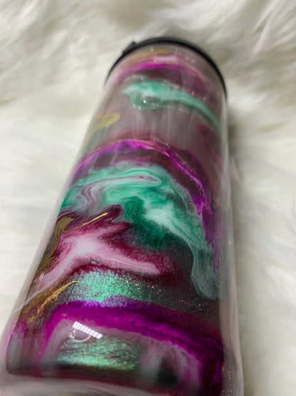 24 oz  Tapered Travel Mug.  Mica base, Alcohol inks swirled with glow